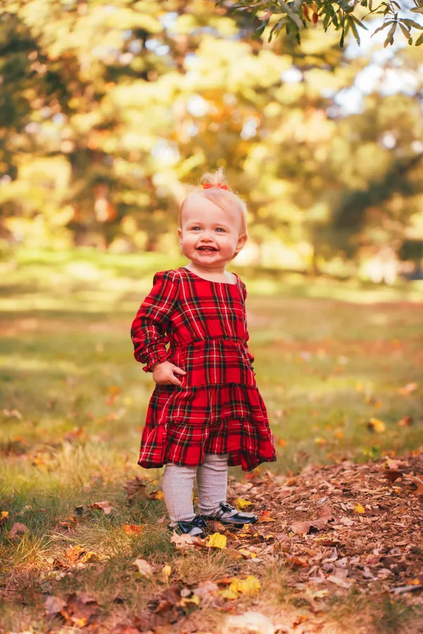 Toddler in a red plaid dress in an autumn field